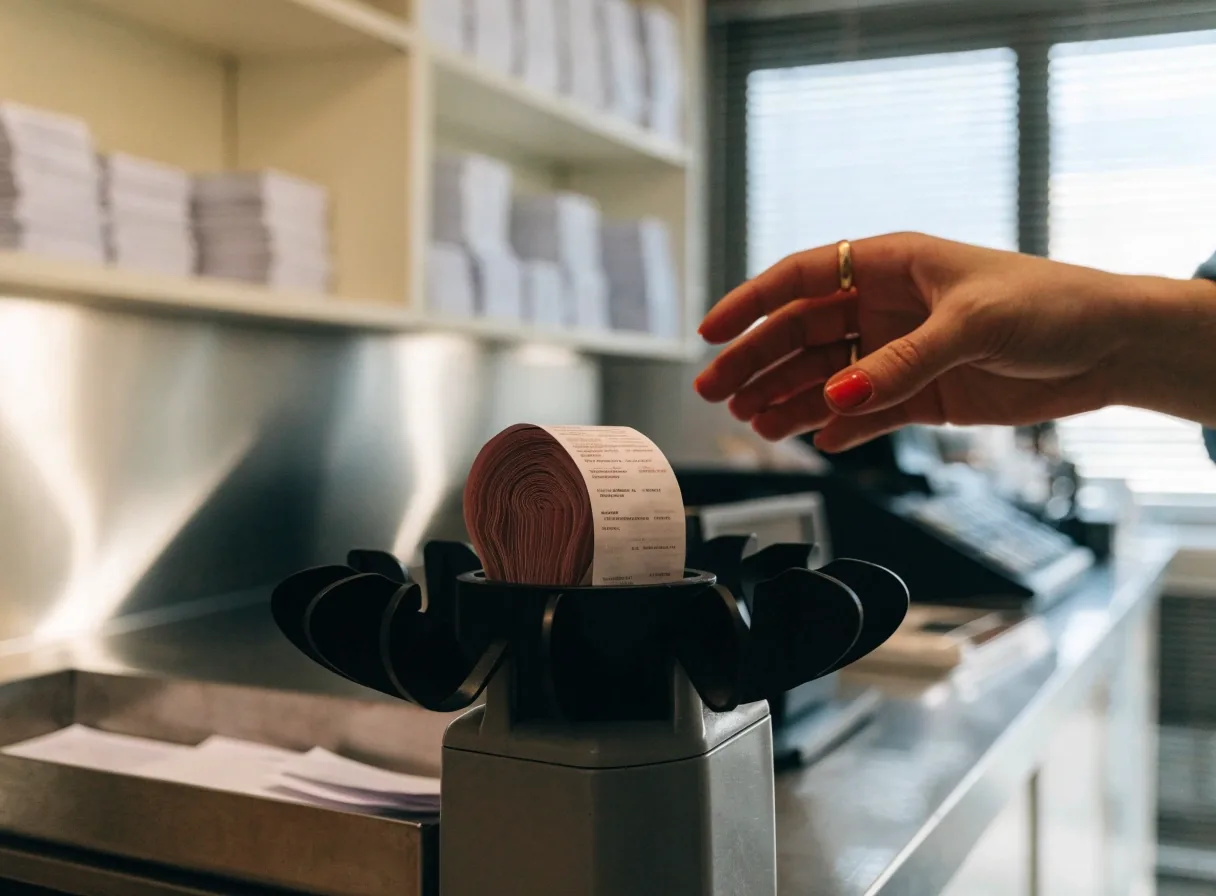 A phone held over a receipt on a desk, screen turned away