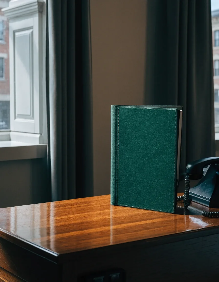 A front-desk notebook and a blank telephone on the counter of a small Chicago bookkeeping office under overcast north light
