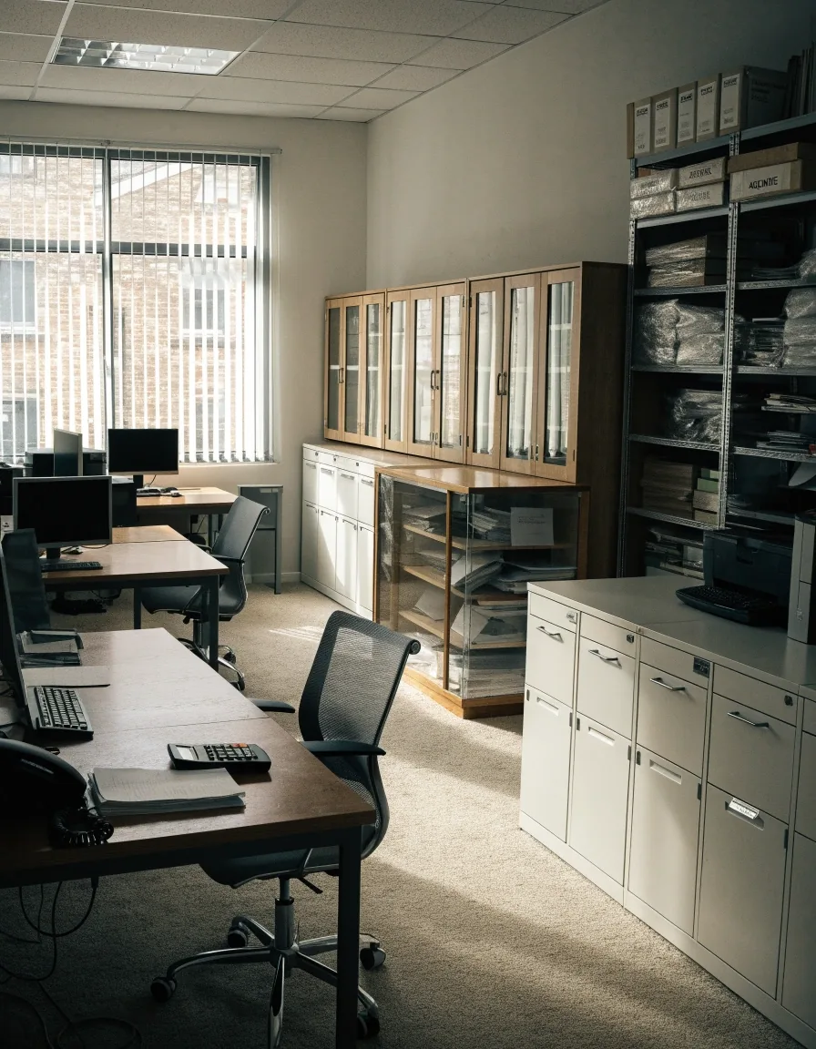 A quiet desk with closed reference folders and a wire-bound binder under flat daylight