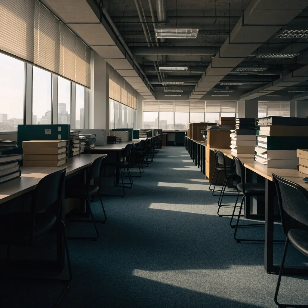 Ruled ledger pages and folders fanned across a mid-market finance desk under north light