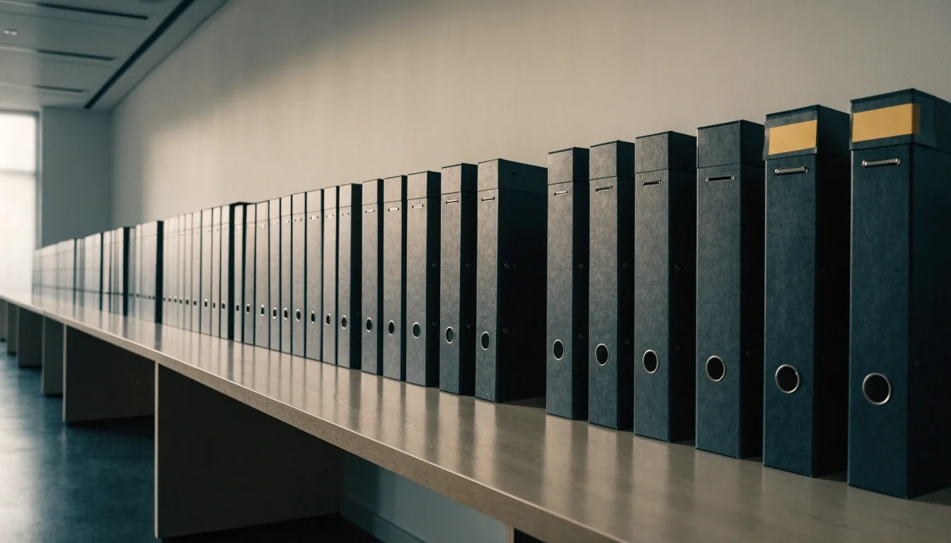 Two bound entity ledgers open side by side on a pale desk, aligned for consolidation