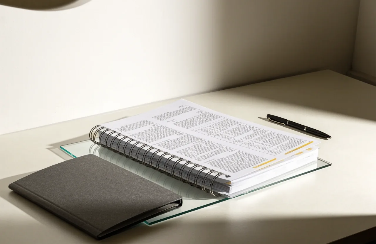 Wire-bound reconciliation binder half-turned on a light table beside a closed folder and a pen