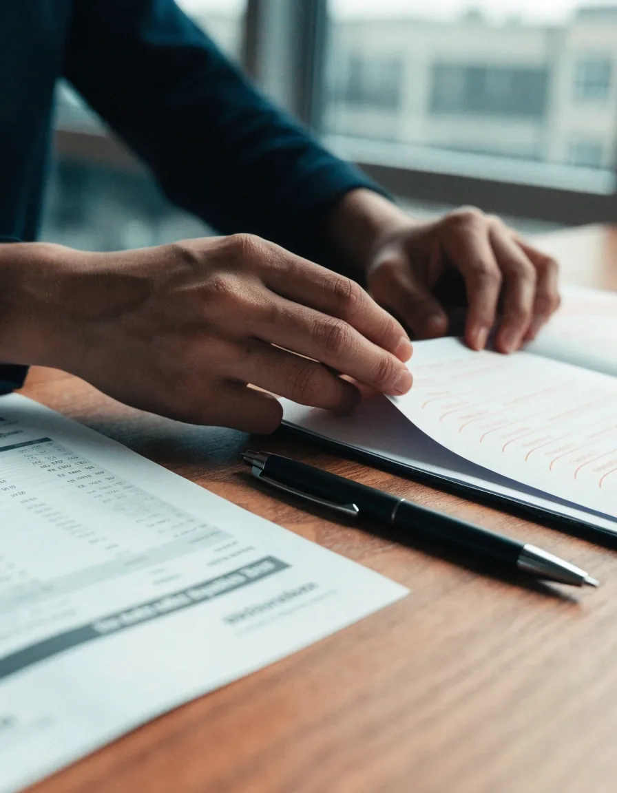 A recurring-bill folder open beside a printed bank statement on a small-business bookkeeping desk