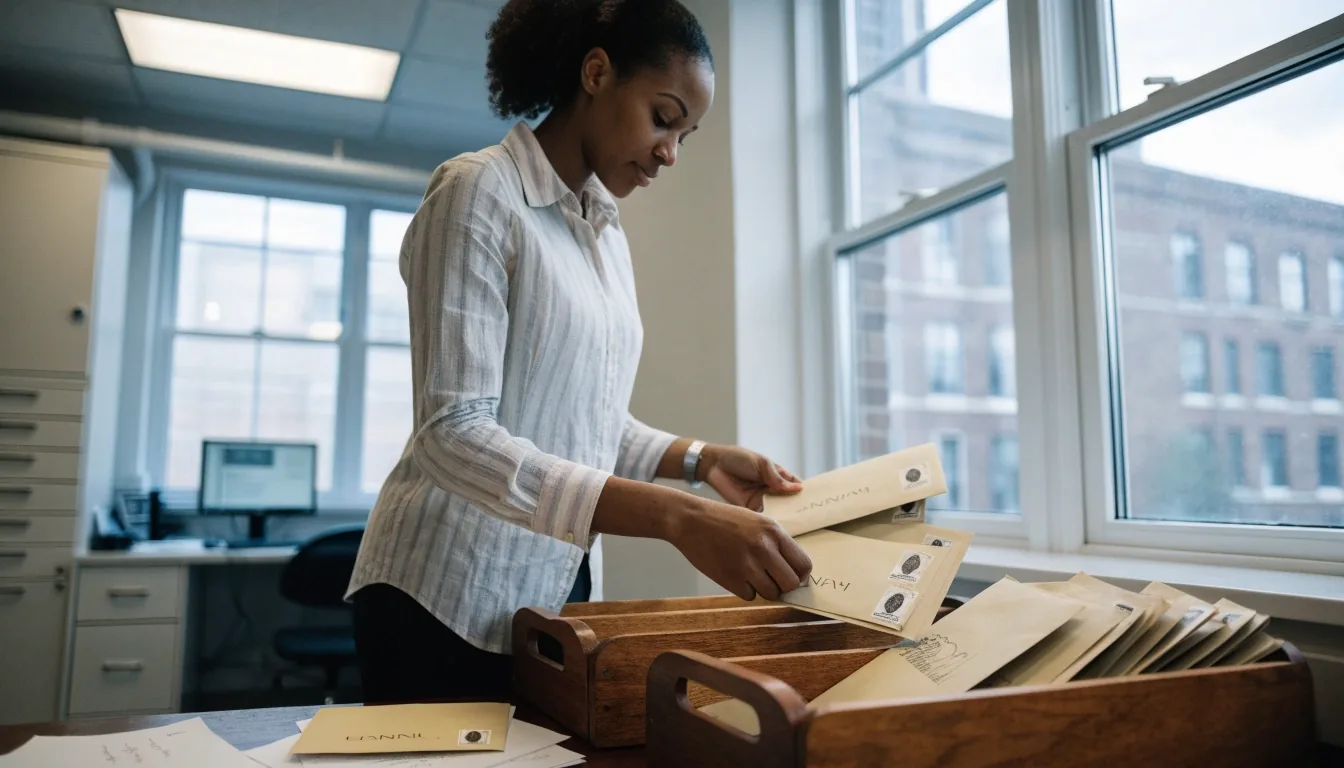 A bookkeeper's desk with an open ruled binder beside a stack of bank envelopes under overcast window light